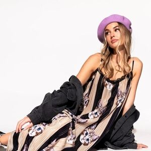 Striped Cat Print Dress with Black Jacket and Purple Beret